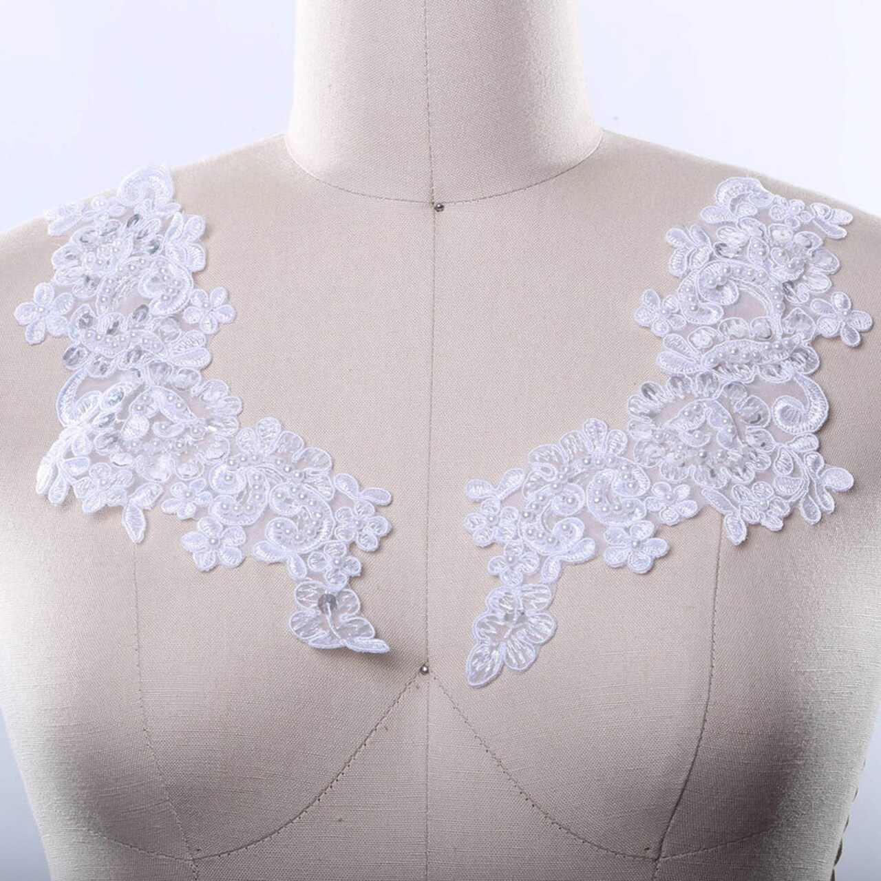1 Pair White Beaded Lace Appliques Bridal Wedding Dress Embellishments with Sequins & Pearls